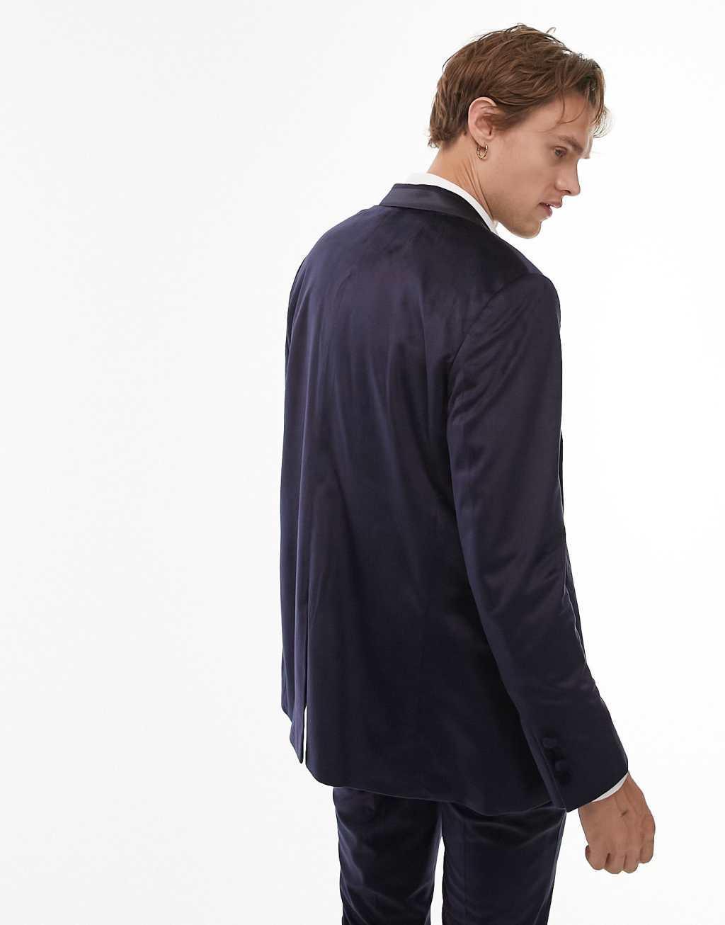 Topman skinny single breasted velvet blazer with tipping in navy Product Image