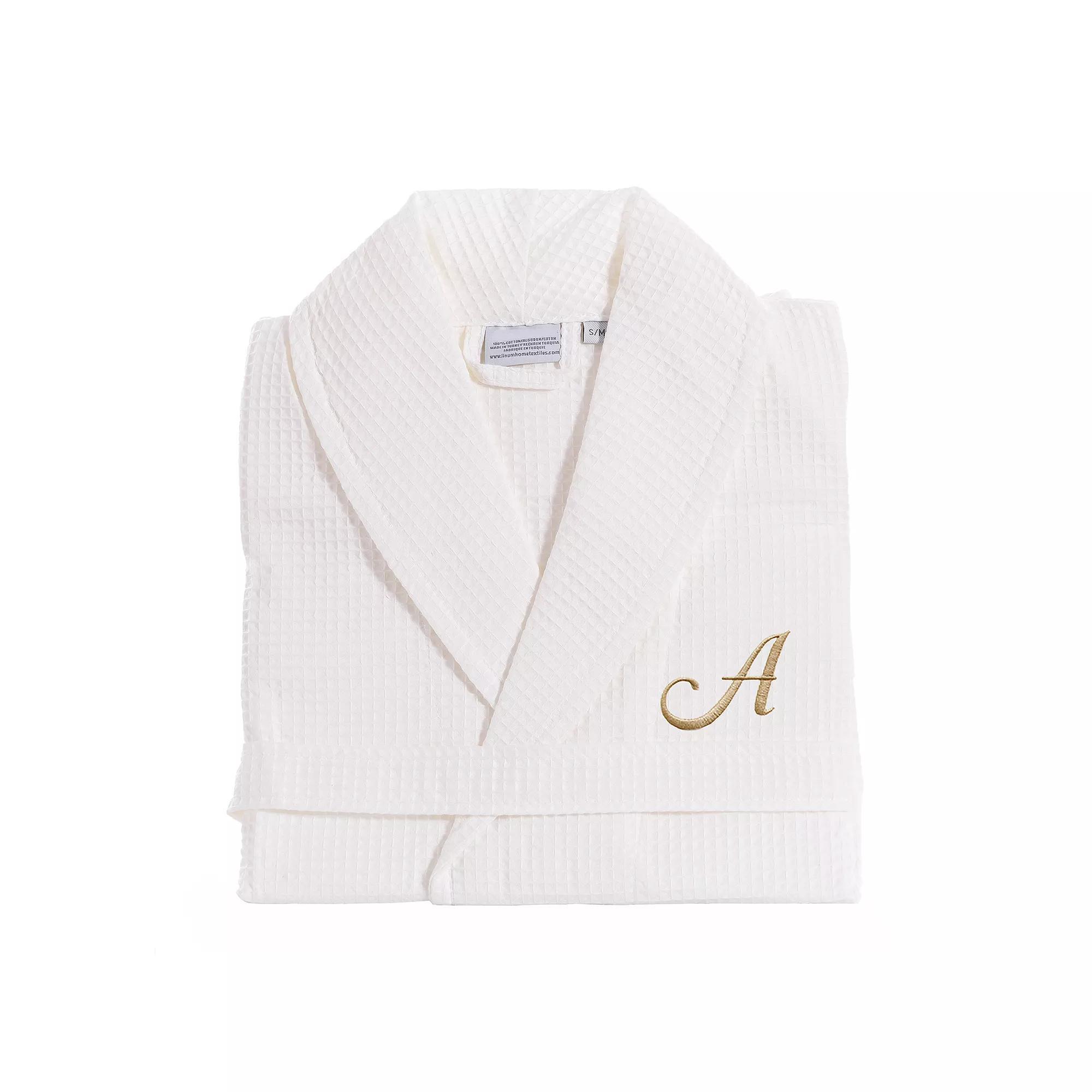 Linum Home Textiles Turkish Cotton Personalized Waffle Weave Bathrobe, Women's, Size: Large/XL, White Gray F Product Image