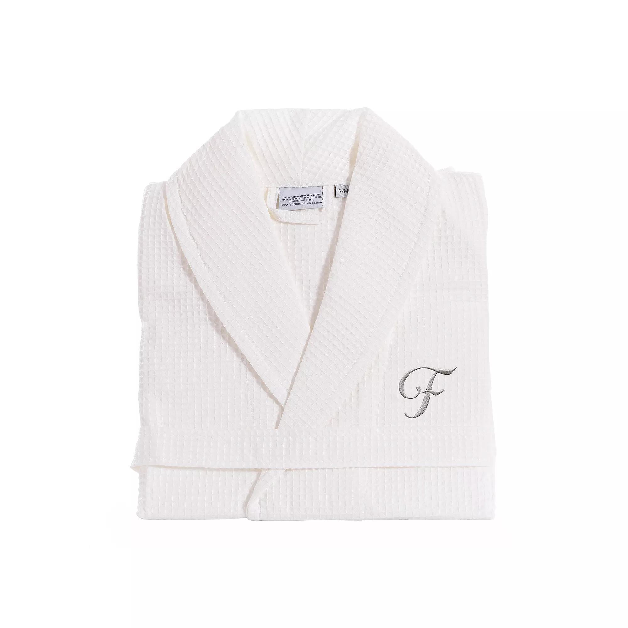 Linum Home Textiles Turkish Cotton Personalized Waffle Weave Bathrobe, Women's, Size: Large/XL, White Gray F Product Image