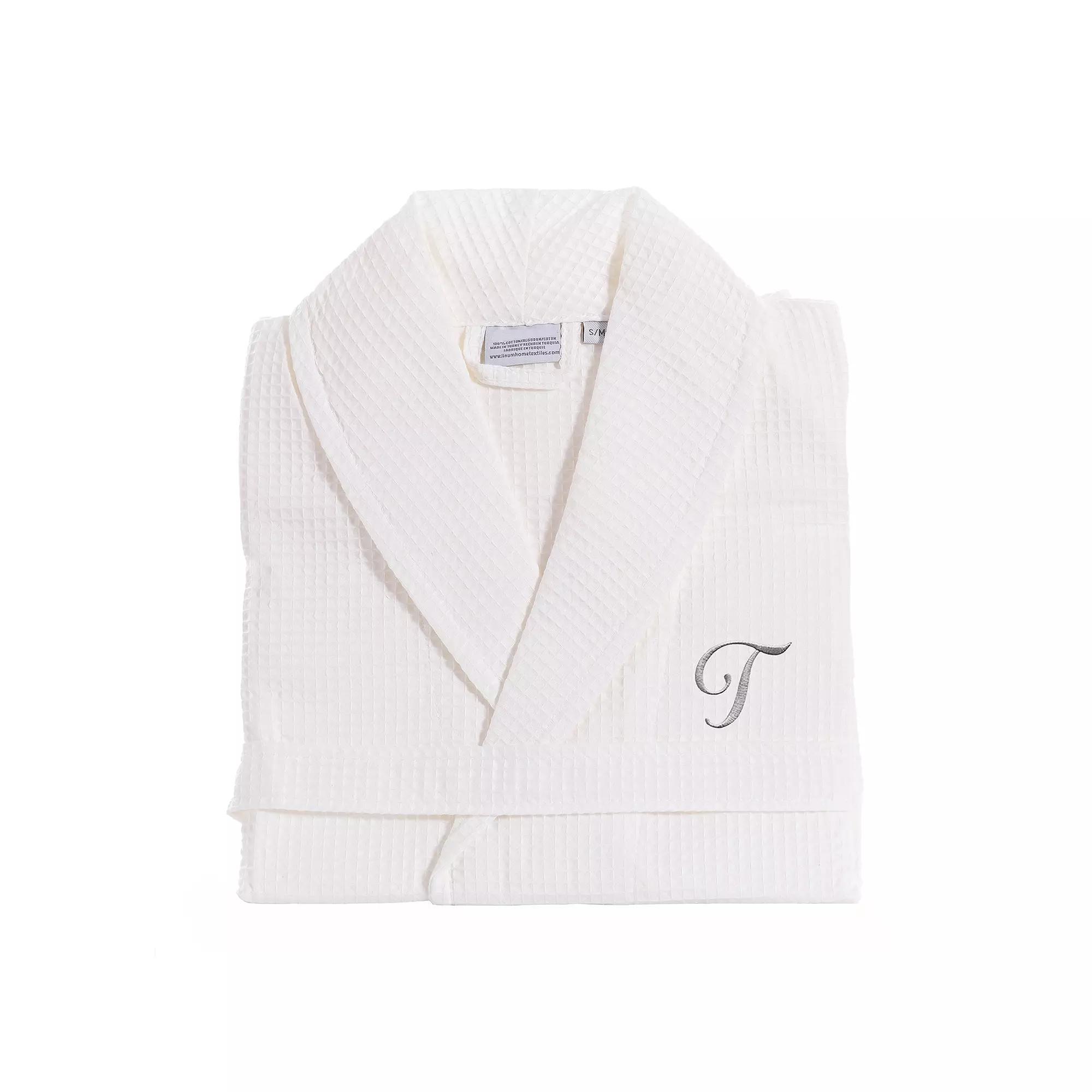 Linum Home Textiles Turkish Cotton Personalized Waffle Weave Bathrobe, Women's, Size: Small/Medium, White Gray J Product Image