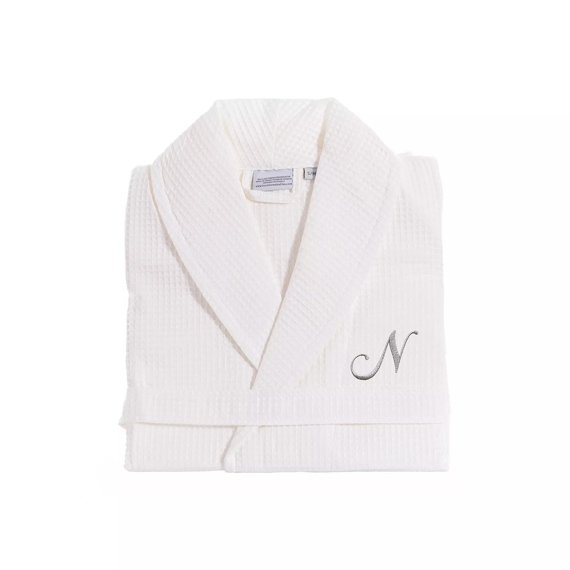 Linum Home Textiles Turkish Cotton Personalized Waffle Weave Bathrobe, Women's, Size: Small/Medium, White Gray J Product Image