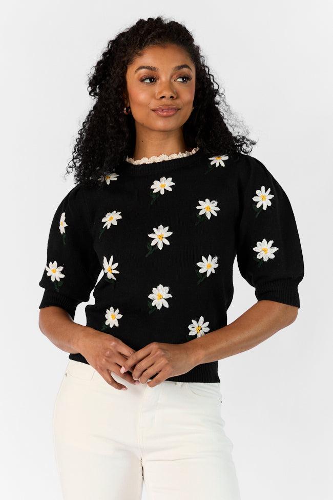 Around The Garden Black Floral Embroidered Lace Trim Short Sleeve Sweater SALE Product Image