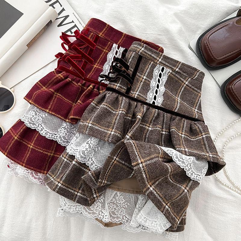 High Rise Plaid Mini Tiered Skirt Product Image