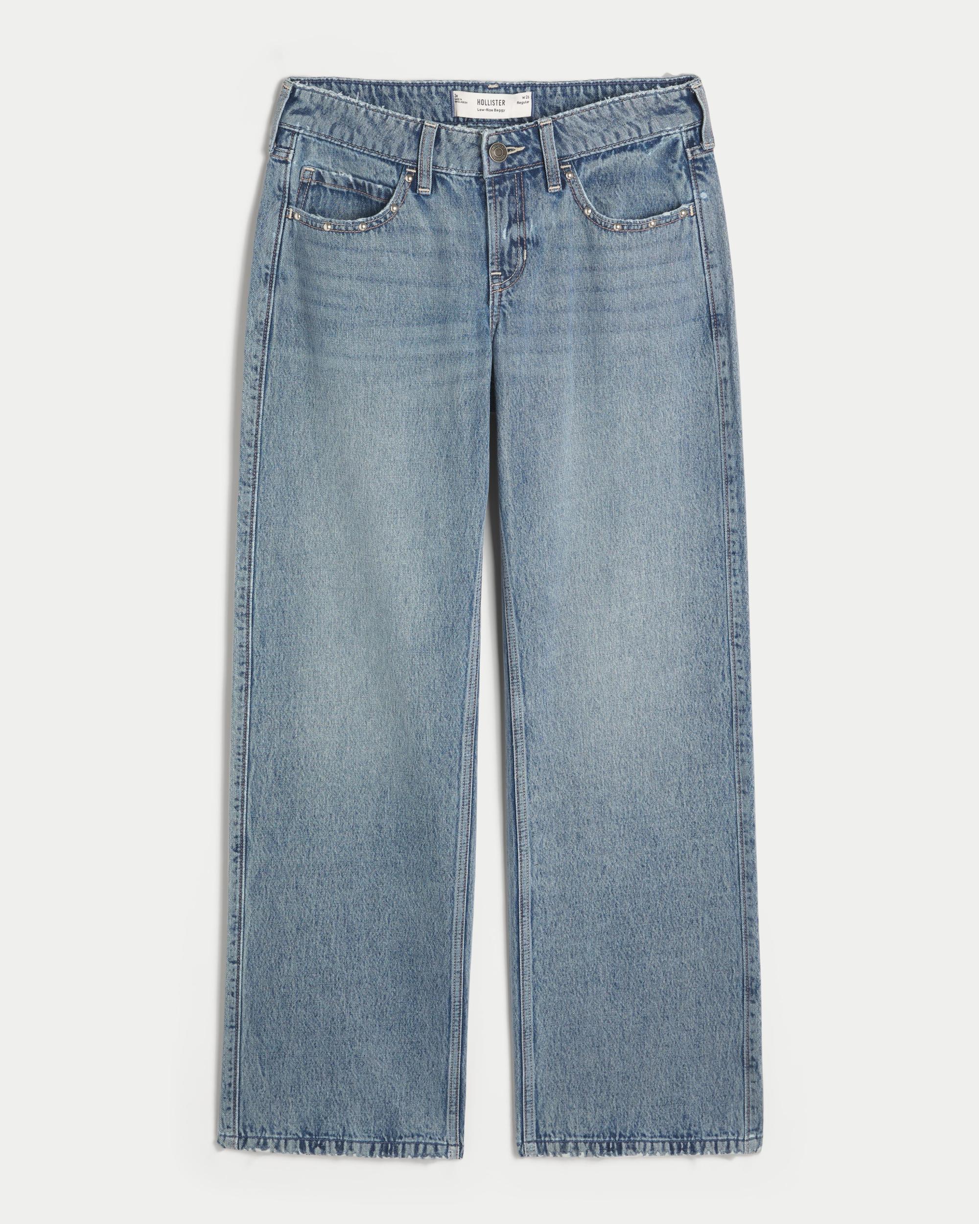 Low-Rise Medium Wash Studded Baggy Jeans Product Image
