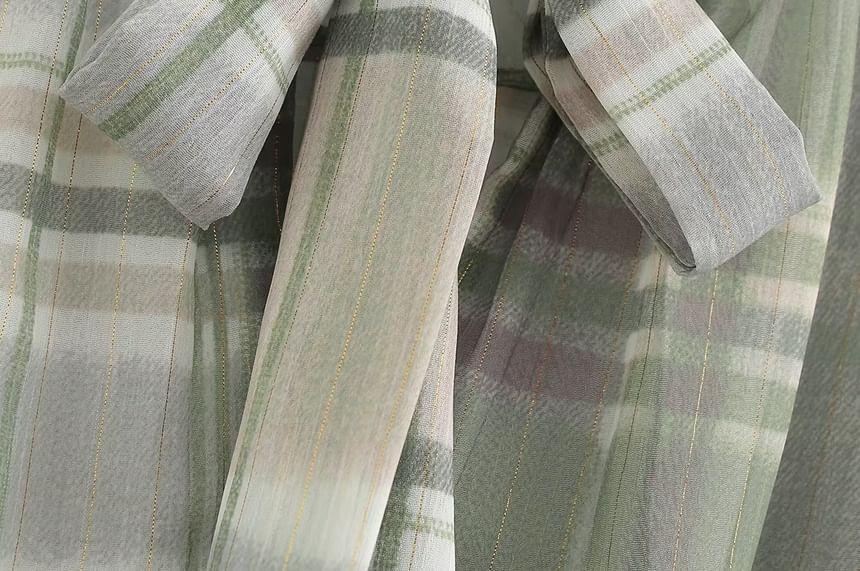 Set: Long Sleeve Tie Neck Plaid Maxi A-Line Dress + Belt Product Image