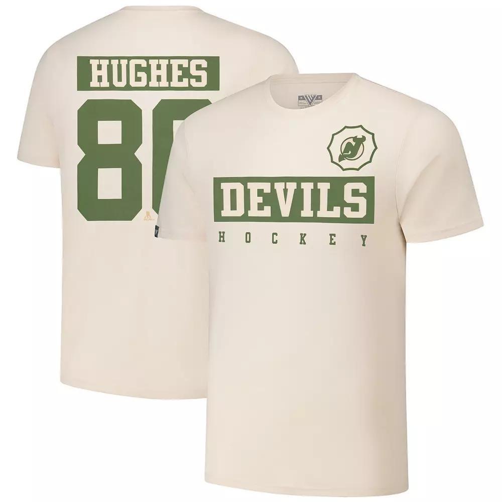 Mens Levelwear Jack Hughes Khaki New Jersey Devils 2024 NHL Military Appreciation Richmond Delta Player Name & Number T-Shirt Product Image