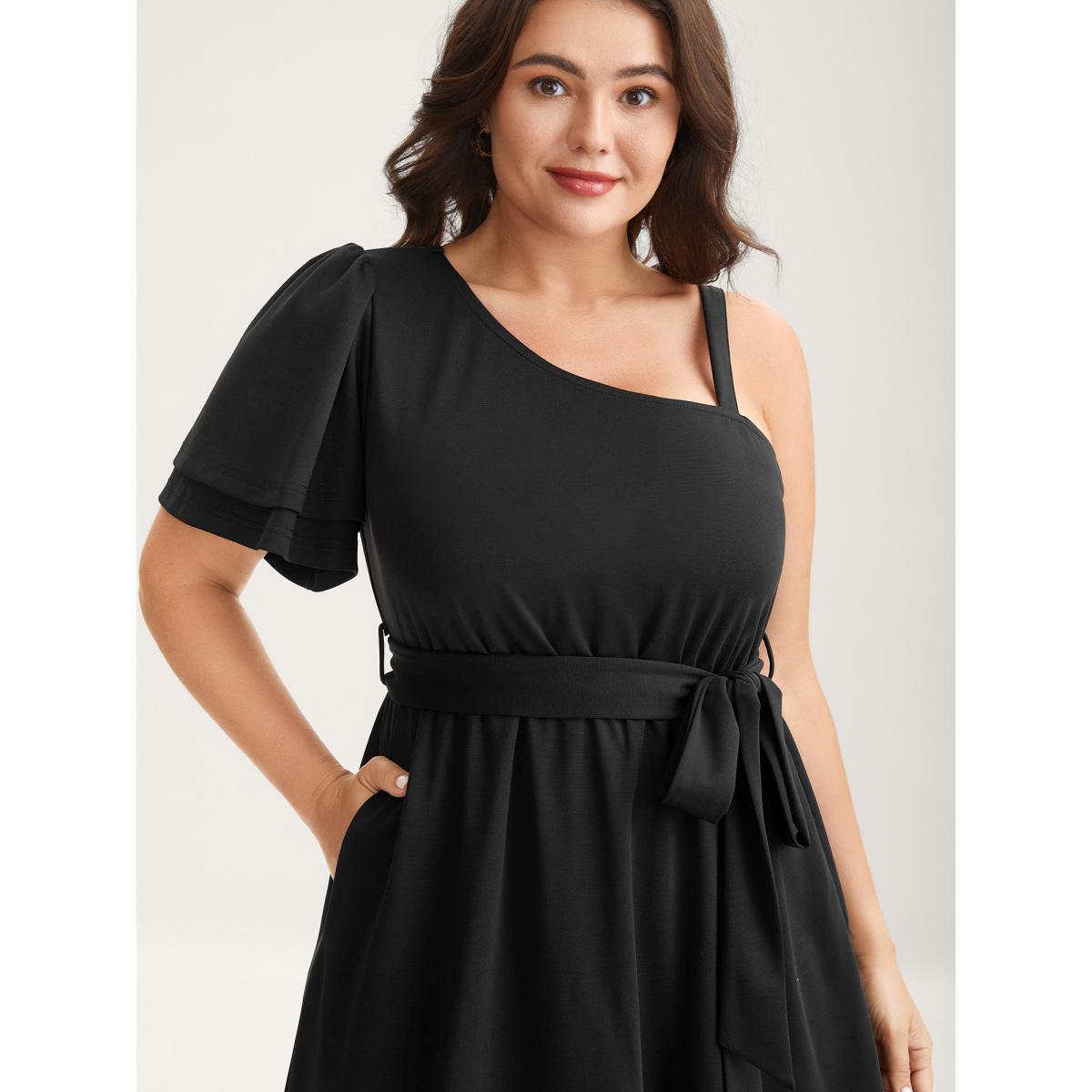 Plus Size One-Shoulder Ruffled Belted Midi Dress Black Women Asymmetrical Neck Short sleeve Curvy BloomChic 10/M Product Image