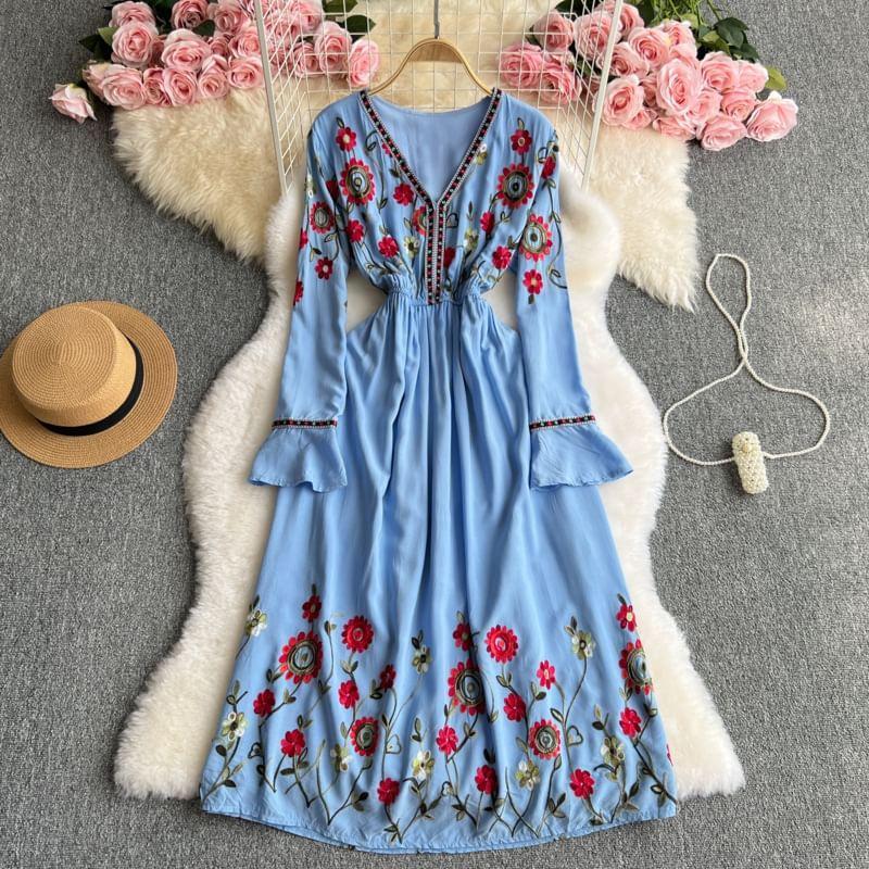 Long Sleeve V-Neck Floral Embroidered Maxi A-Line Dress Product Image
