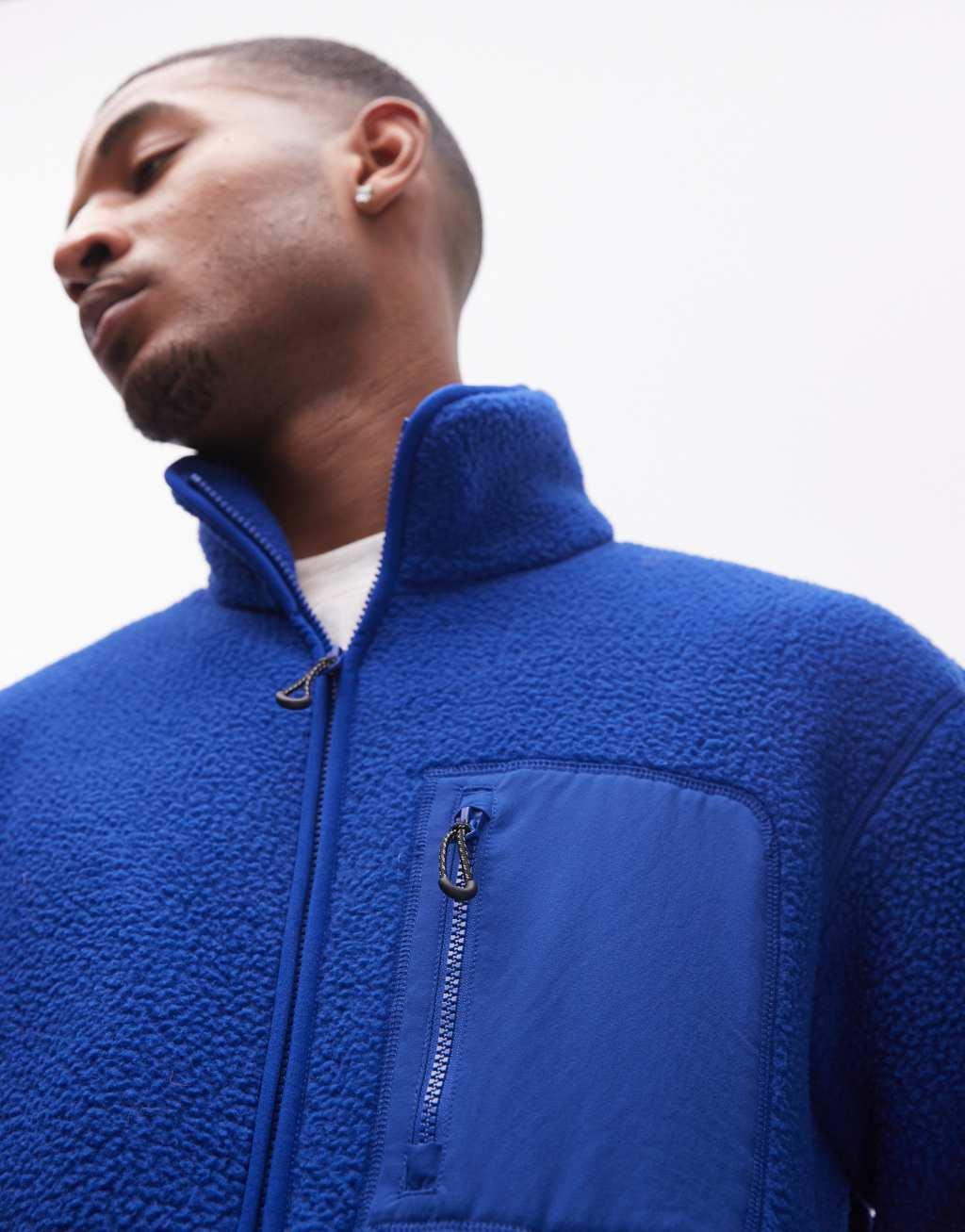 ARKET fleece pile jacket with zip front pocket in bright blue Product Image