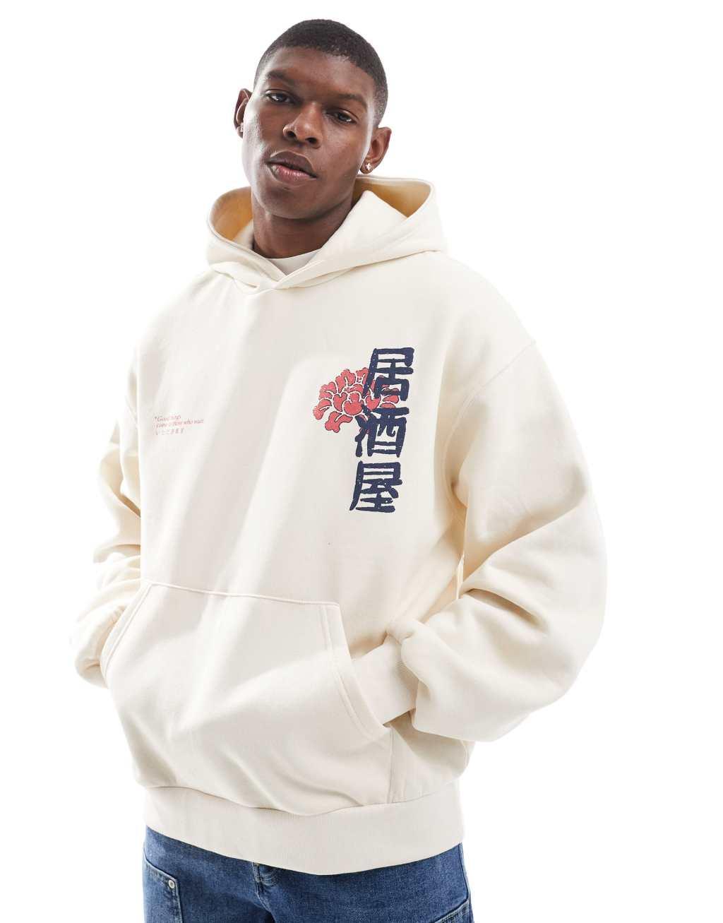Bershka ramen printed hoodie in ecru  Product Image