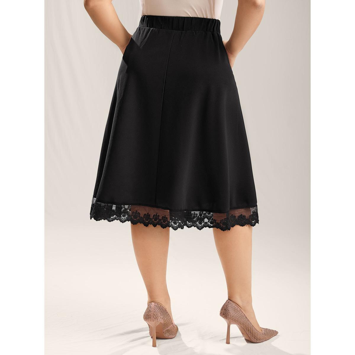 Plus Size Plain Pleated Lace Hem Midi Skirt Women Black Formal See through Bodycon Low stretch Slanted pocket Party Skirts BloomChic 12/L Product Image