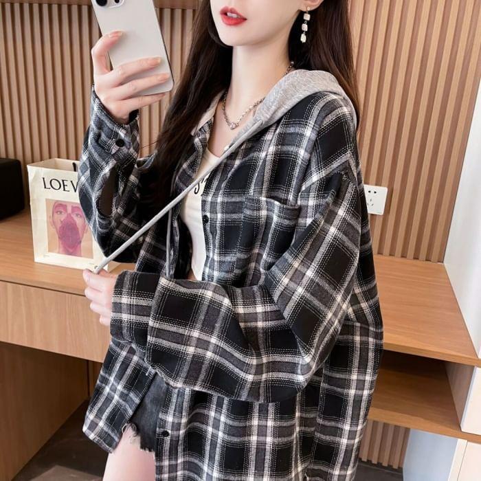 Plaid Drawstring Hooded Pocket Detail Button Jacket Product Image