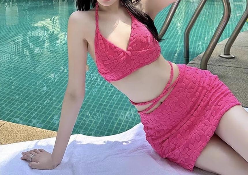 Set: Textured Plain Bikini Top + Swim Skirt Product Image