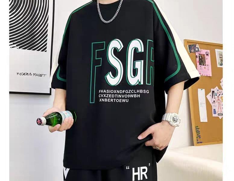 Set: 3/4-Sleeve Crew Neck Lettering Print T-Shirt + Drawstring Waist Wide Leg Sweat Shorts Product Image