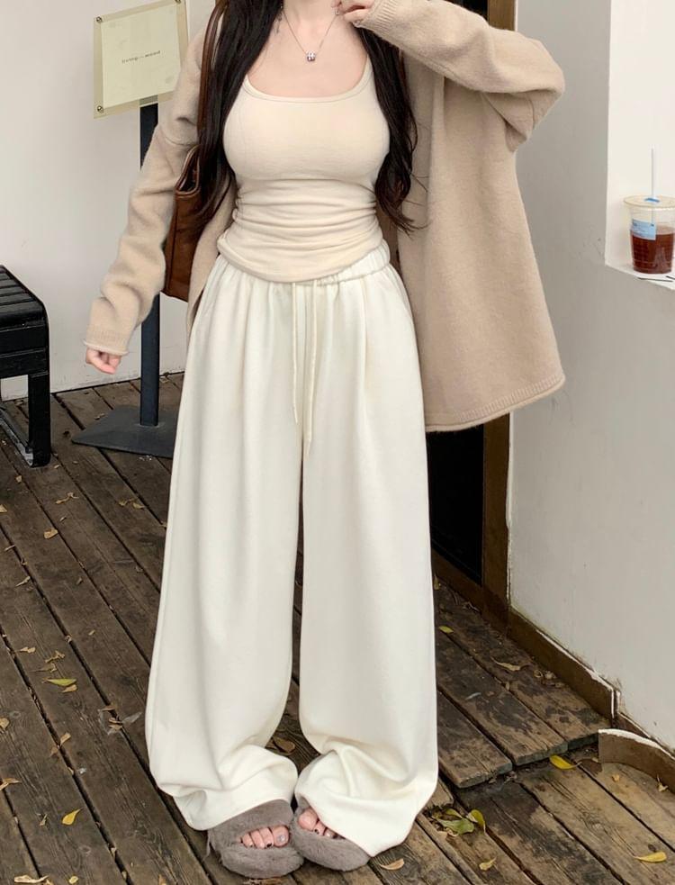 Drawstring Waist Plain Wide Leg Pants Product Image