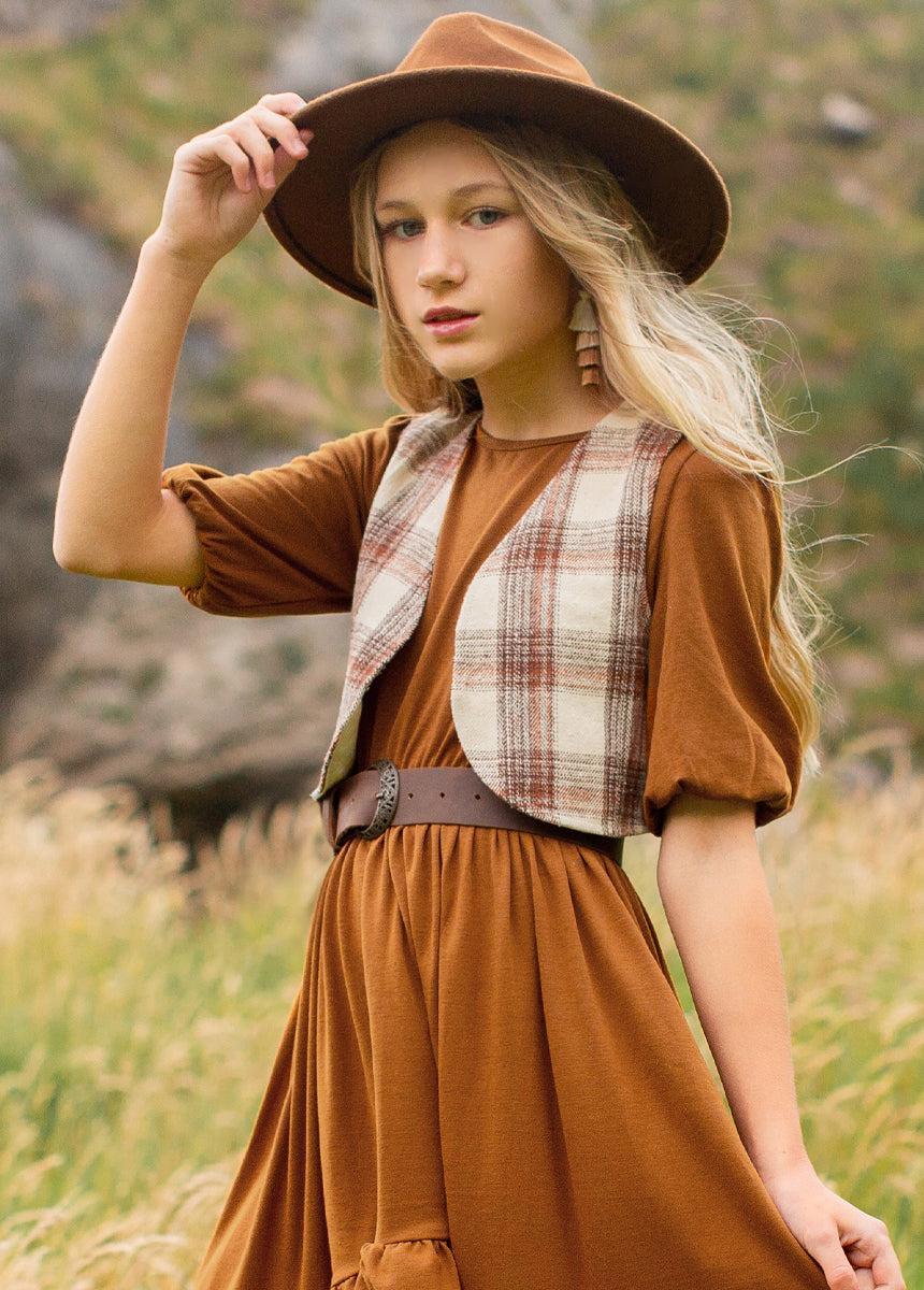 Meike Vest in Ecru Plaid Girls Product Image
