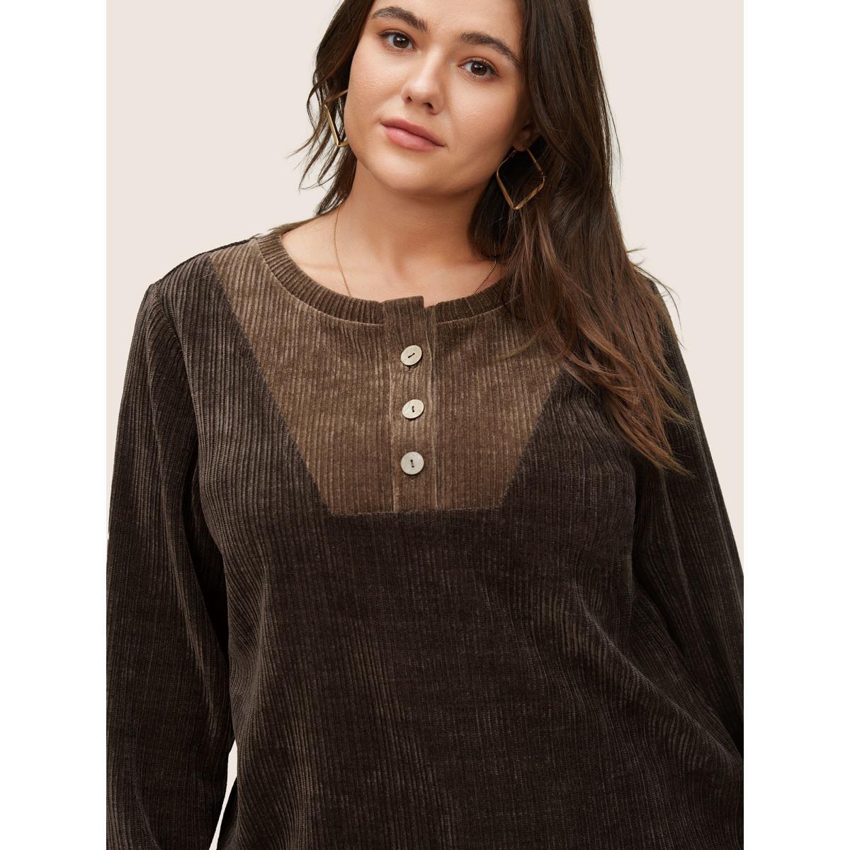 Plus Size Chenille Plisse Patchwork Button Detail Sweatshirt Women DarkBrown Casual Texture Round Neck Everyday Sweatshirts BloomChic 12/L Product Image