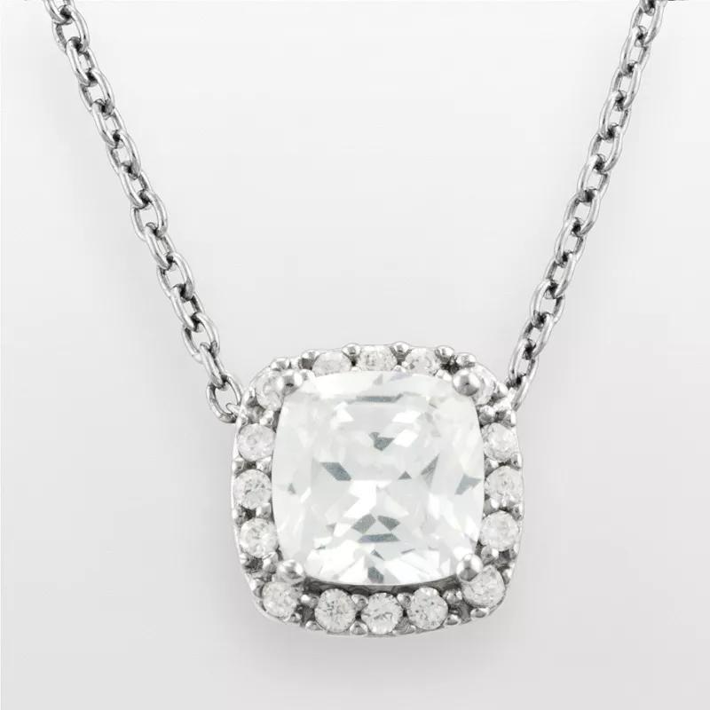 Silver Plated Cubic Zirconia Square Frame Pendant, Womens Product Image