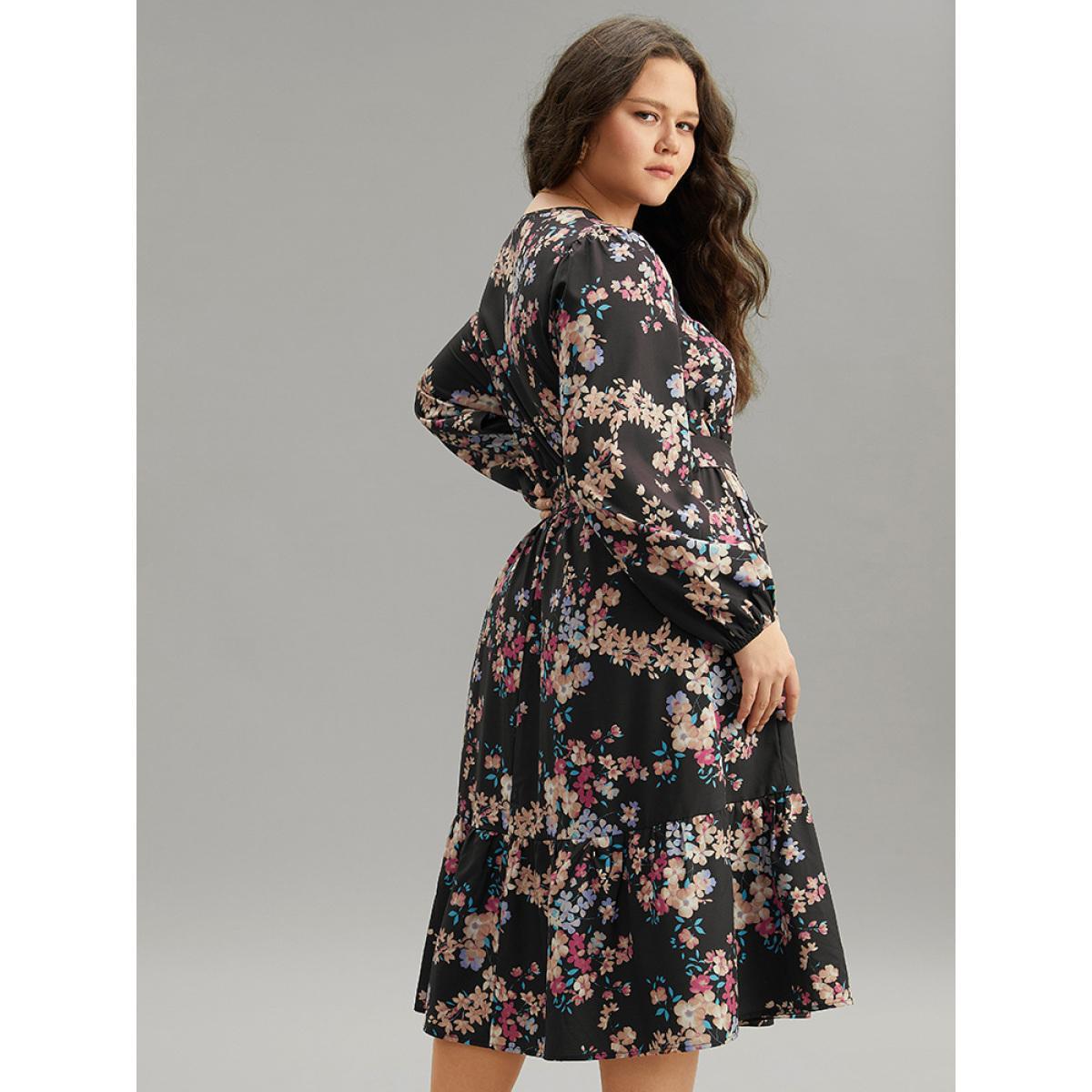 Plus Size Floral Print Overlap Collar Elastic Cuffs Dress Black Women Elegant Elastic cuffs Overlap Collar Long Sleeve Curvy Midi Dress BloomChic 18-20/2X Product Image