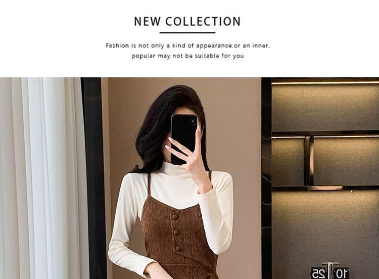 Set: Long-Sleeve Mock Neck Plain T-Shirt + Spaghetti Strap Scoop Neck Plain Midi A-Line Dress Product Image