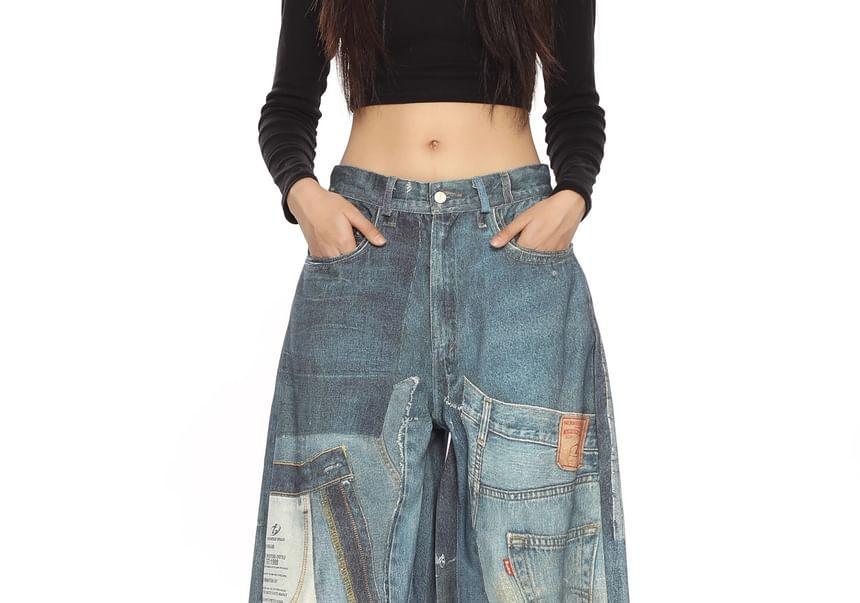Mid Rise Patchwork Washed Wide Leg Jeans Product Image