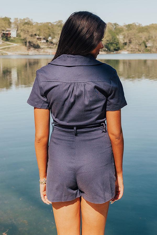 Stay Sophisticated Denim Romper In Navy Product Image