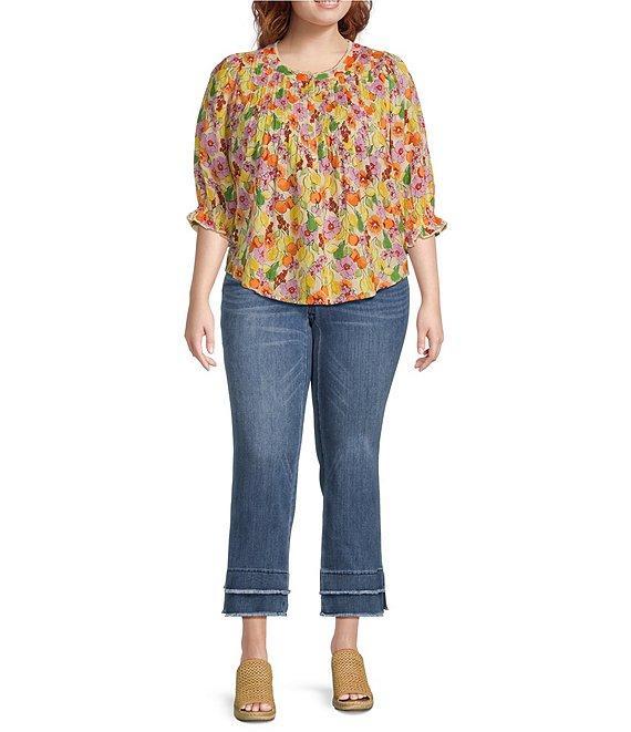 Democracy Plus Size Woven Floral Fruit Print Round Neck Elbow Sleeve Half Button Front Placket Pintuck Detail Top Product Image