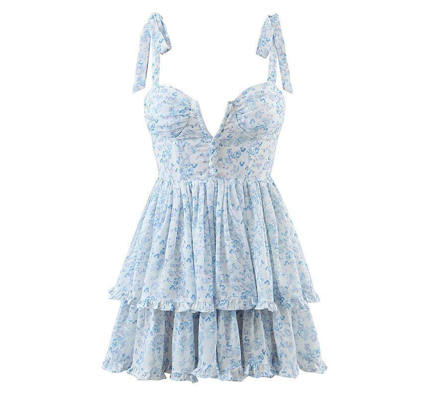 Tie-Shoulder Plain Shirred Mini A-Line Layered Dress Product Image
