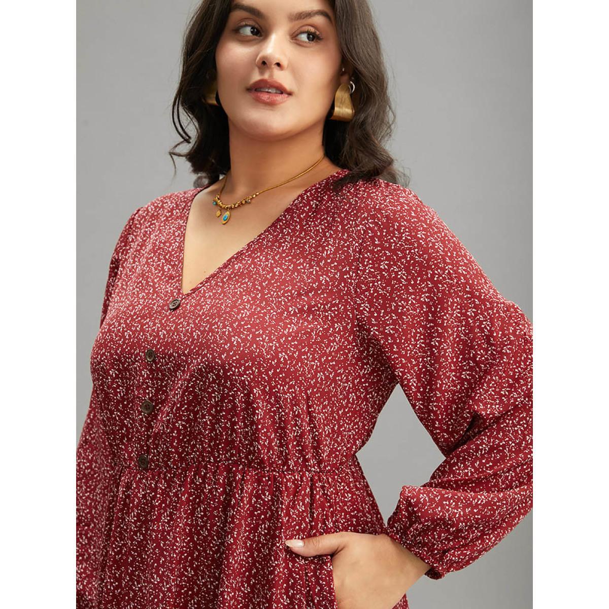 Plus Size Ditsy Floral V Neck Lantern Sleeve Ruffle Layered Hem Dress Scarlet Women Elegant Elastic cuffs V-neck Long Sleeve Curvy Midi Dress BloomChic 30/6X Product Image
