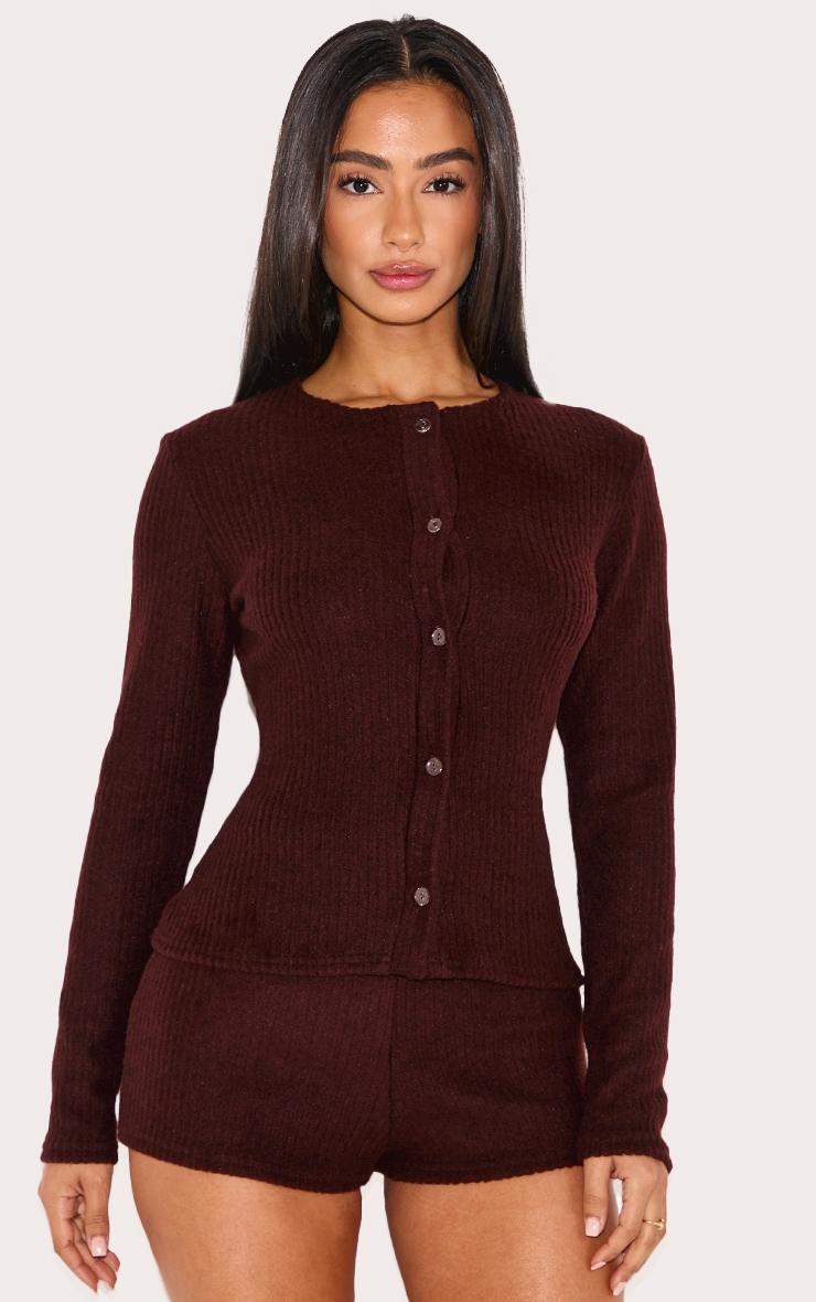 Petite Chocolate Brushed Rib Button Through Top Product Image