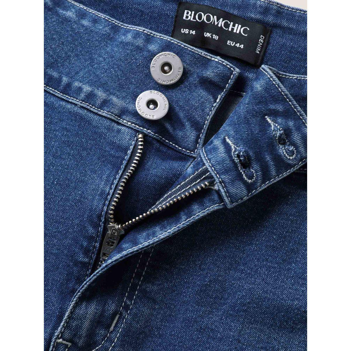 Plus Size Stretch No-Gap Waist Slit Hem Jeans Women Midblue Casual Slit High stretch Slanted pocket Jeans BloomChic 18/2X Product Image