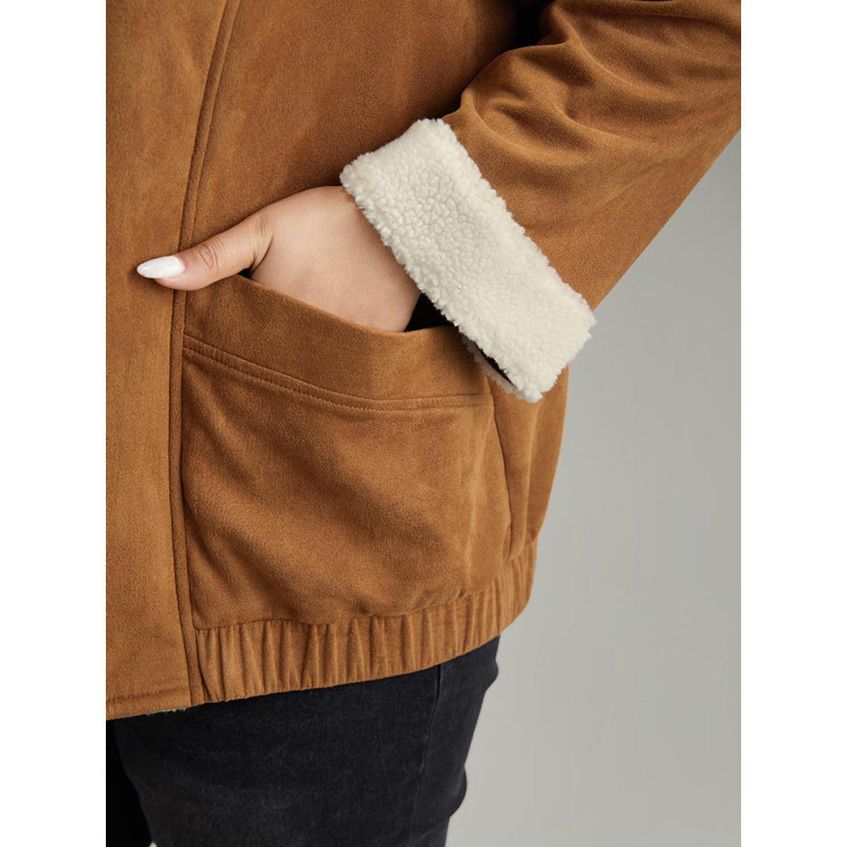 Plus Size Contrast Lapel Collar Patched Pocket Jacket Women Bronze Contrast Pocket Dailywear Jackets BloomChic 12/L Product Image