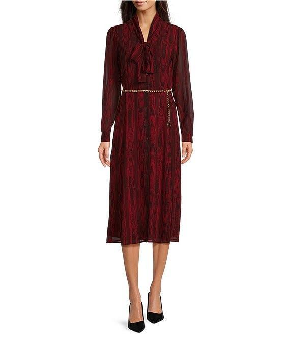 Michael Kors Moire Long Sleeve Chain Belted Midi Dress Product Image