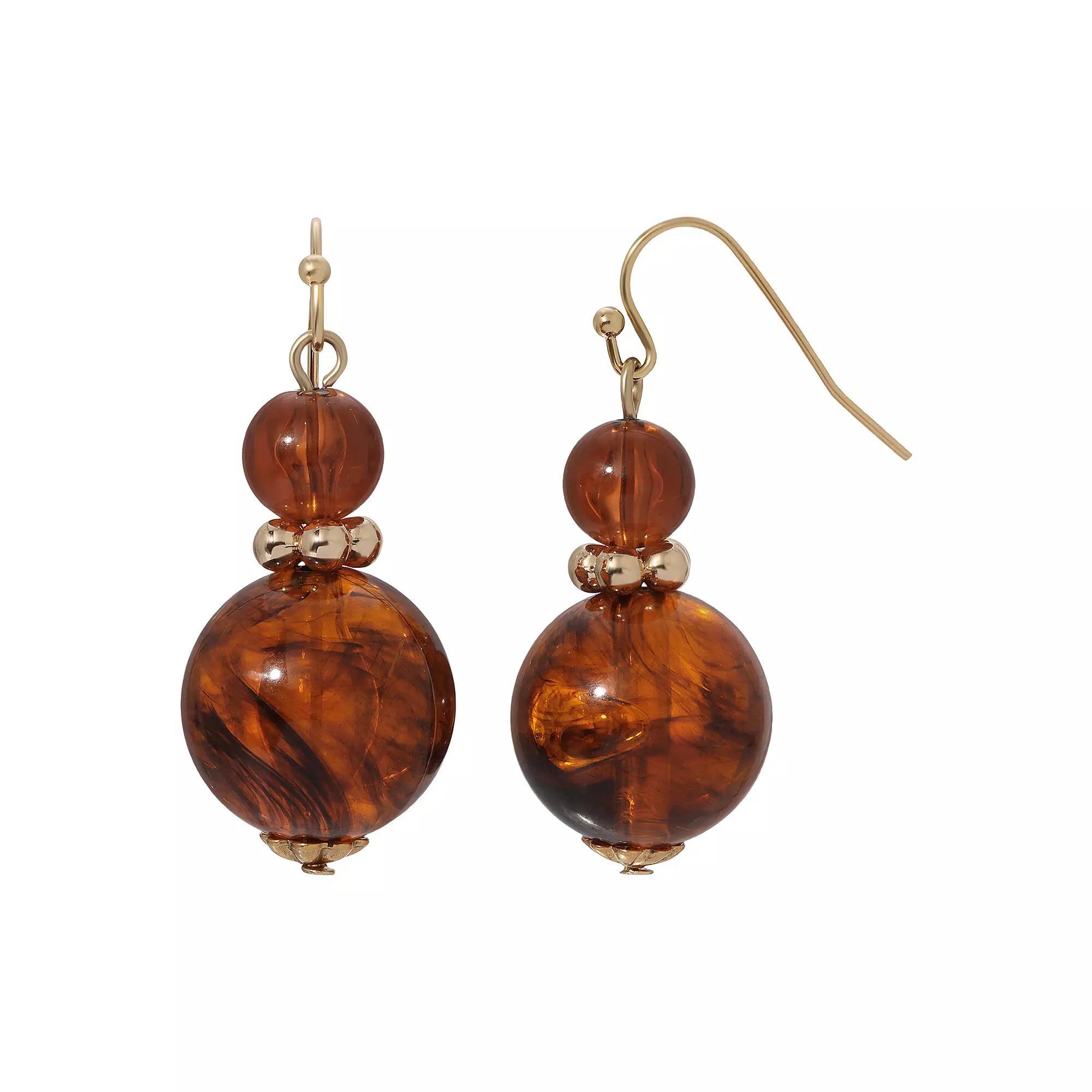 1928 Gold Tone Brown Bead Double Drop Earrings, Womens Product Image