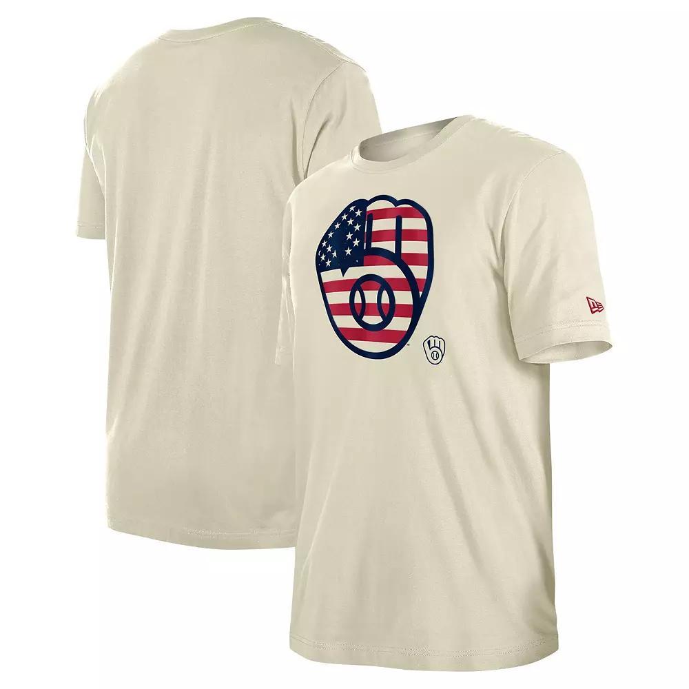 Men's New Era Cream Milwaukee Brewers 4th of July Flag Fill T-Shirt, Size: Small, Beige Product Image