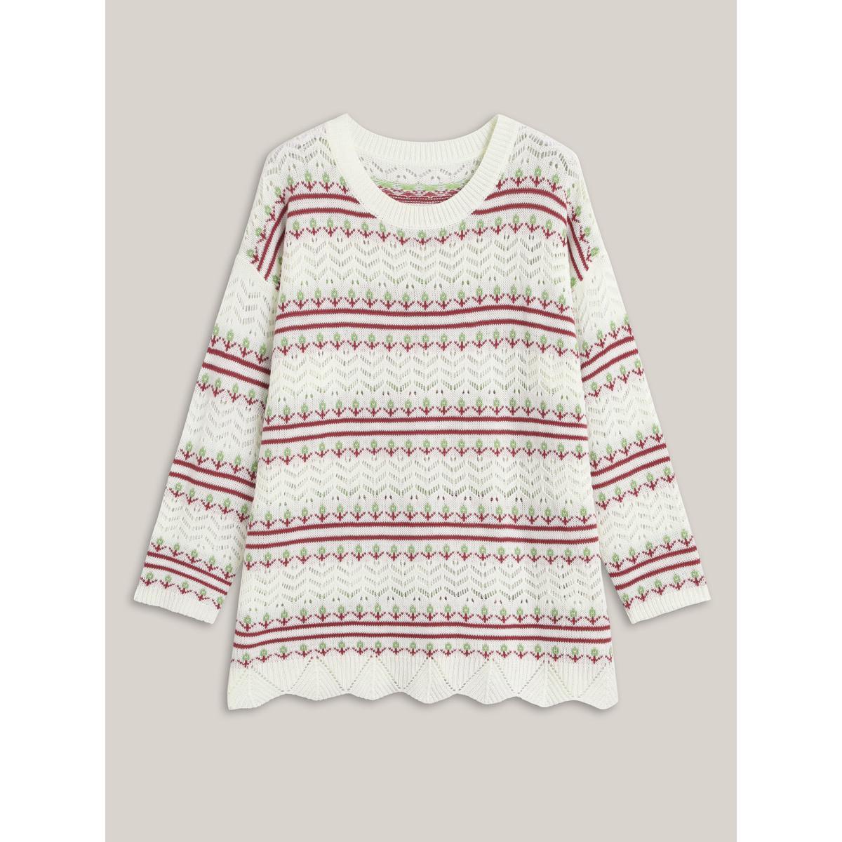 Plus Size Jacquard Pattern Crew Neck Ribbed Pullover Ivory Women Casual Loose Long Sleeve Round Neck Everyday-Casual Pullovers BloomChic 26/4X Product Image