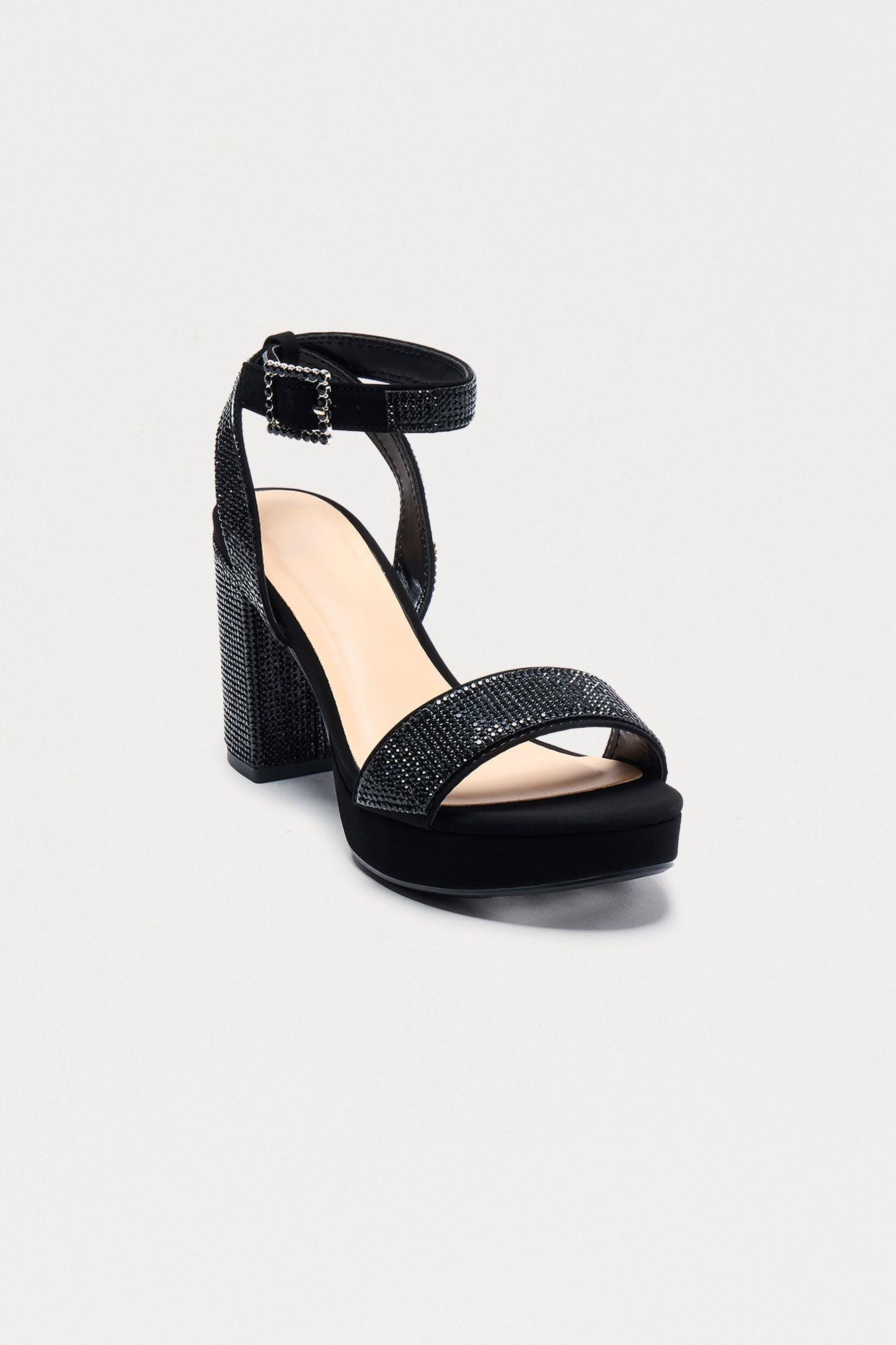 Brissie Rhinestone Ankle Strap Heels - Black Product Image