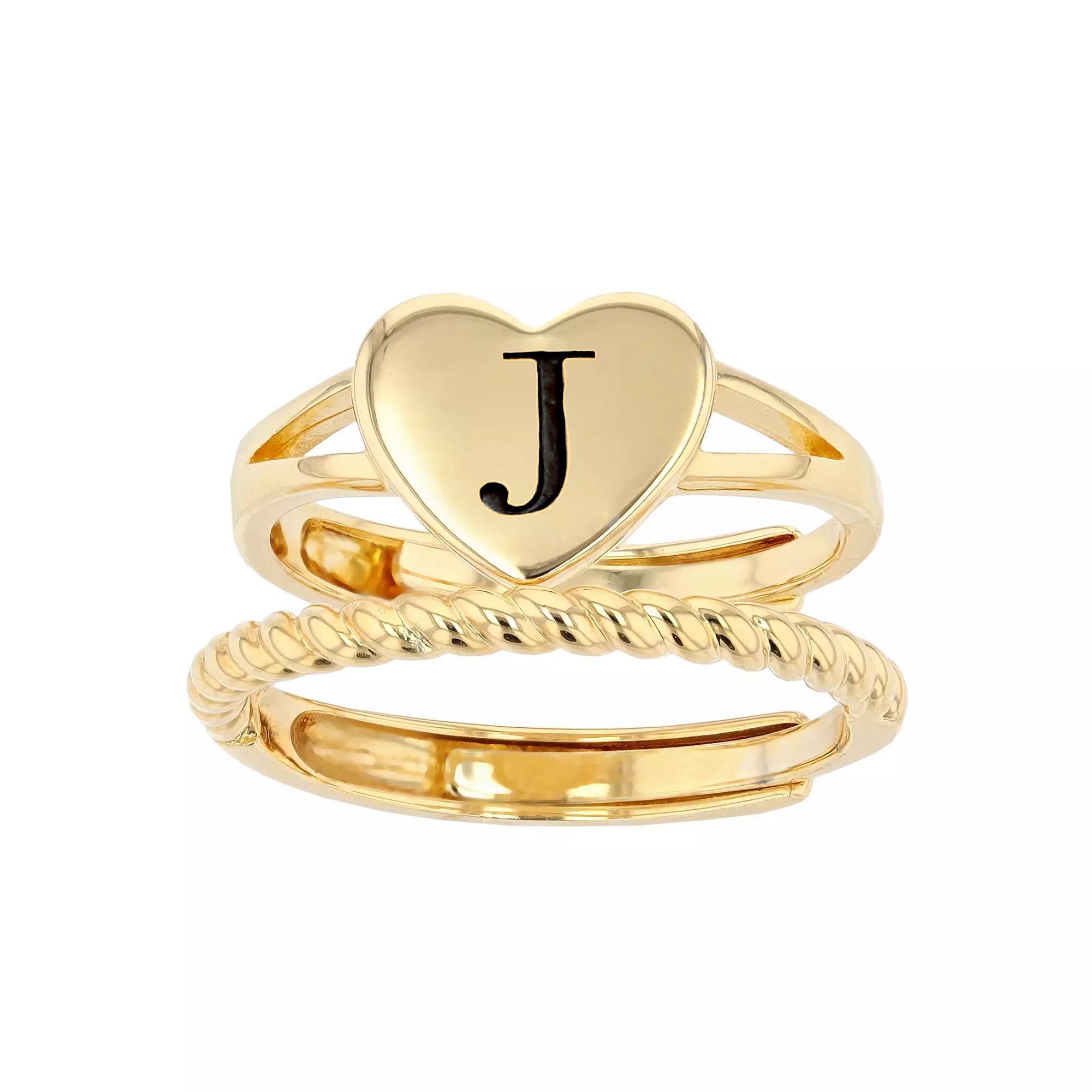City Luxe Heart Initial & Textured Band Ring Set, Women's, Gold Tone A Product Image