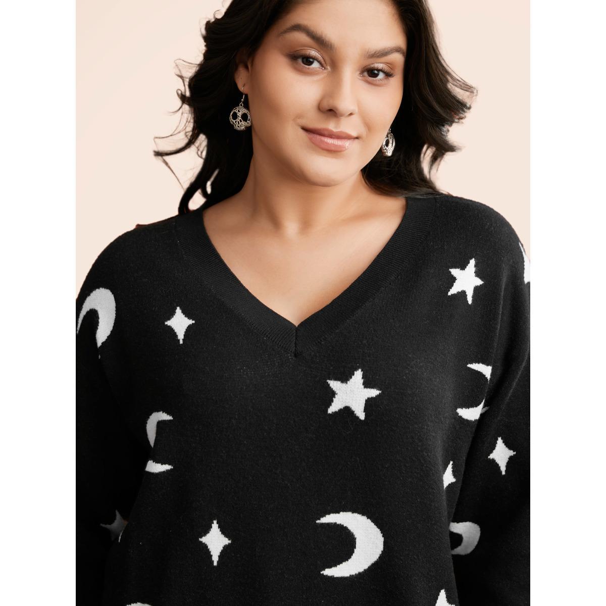 Plus Size Supersoft Essentials Celestial Jacquard V-Neck Pullover Black Women Casual Long Sleeve V-neck Everyday Pullovers BloomChic 22-24/3X Product Image