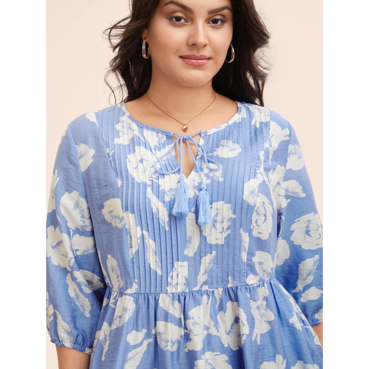Plus Size LightBlue Floral Pleated Tassel Trim Lantern Sleeve Blouse Women Elegant Elbow-length sleeve V-neck Everyday Blouses BloomChic 26/4X Product Image
