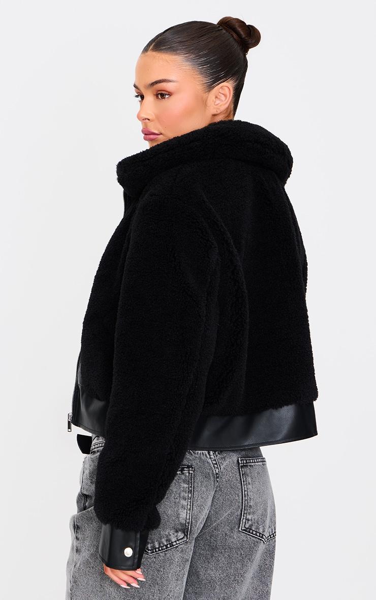 Black Plush Faux Fur Contrast Faux Leather Zip Up Jacket Product Image