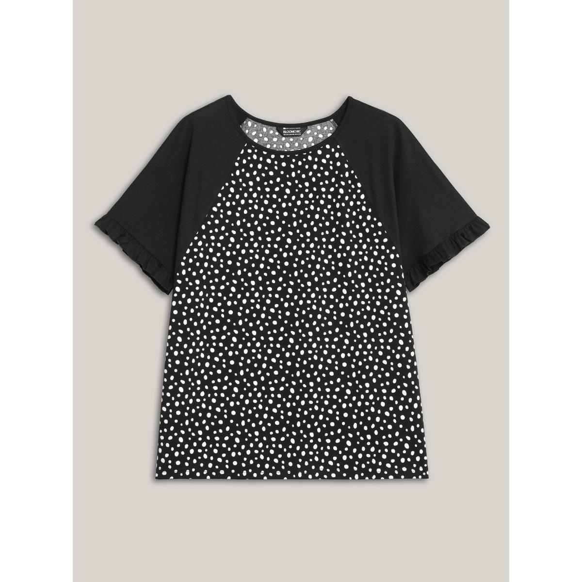Plus Size Printed Spliced Raglan Sleeve Ruffled T-Shirt Black Women Casual Contrast Round Neck Everyday T-shirts BloomChic 28/5X Product Image