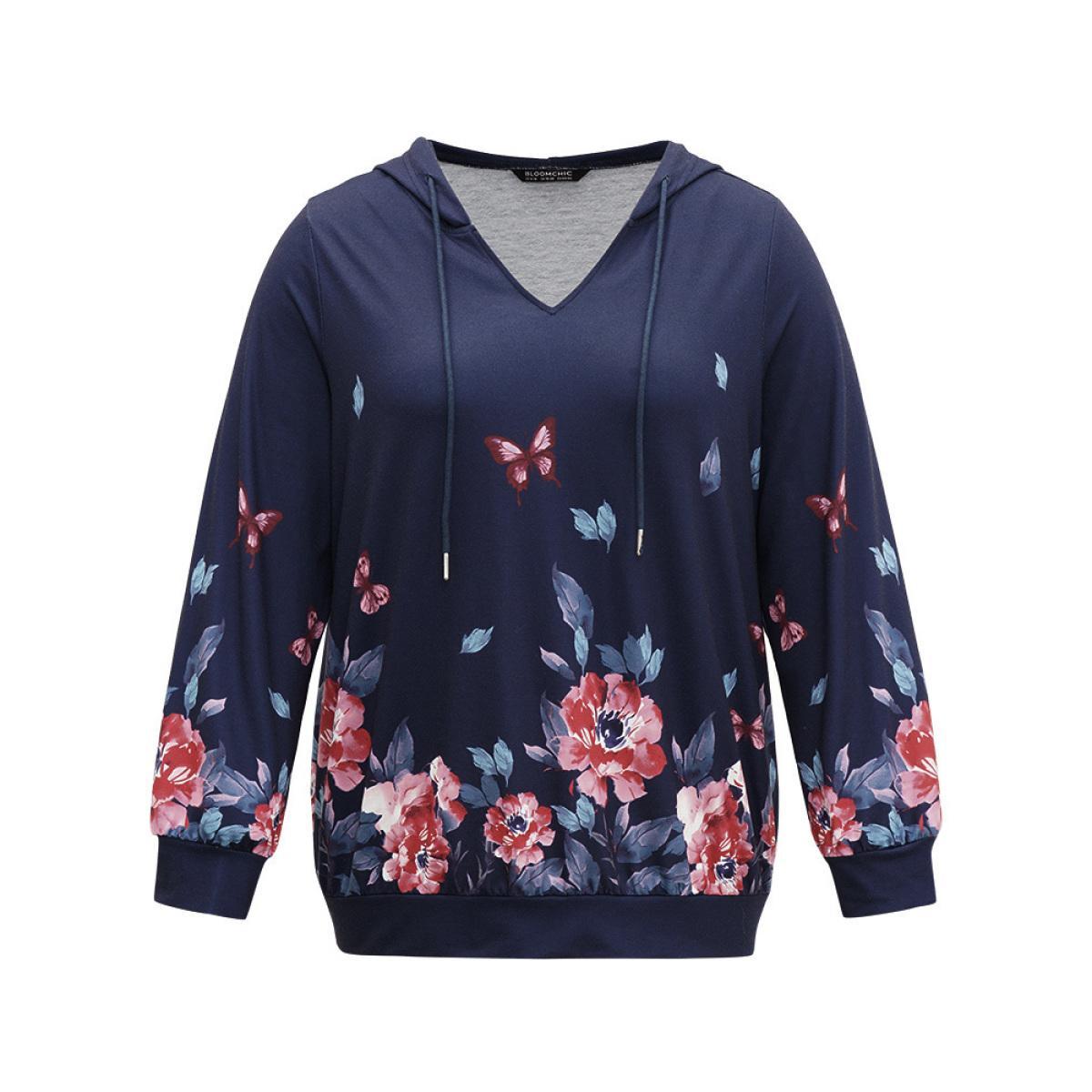 Plus Size Floral & Butterfly Print Hooded Drawstring Sweatshirt Women Multicolor Casual Printed Hooded Dailywear Sweatshirts BloomChic 14-16/1X Product Image