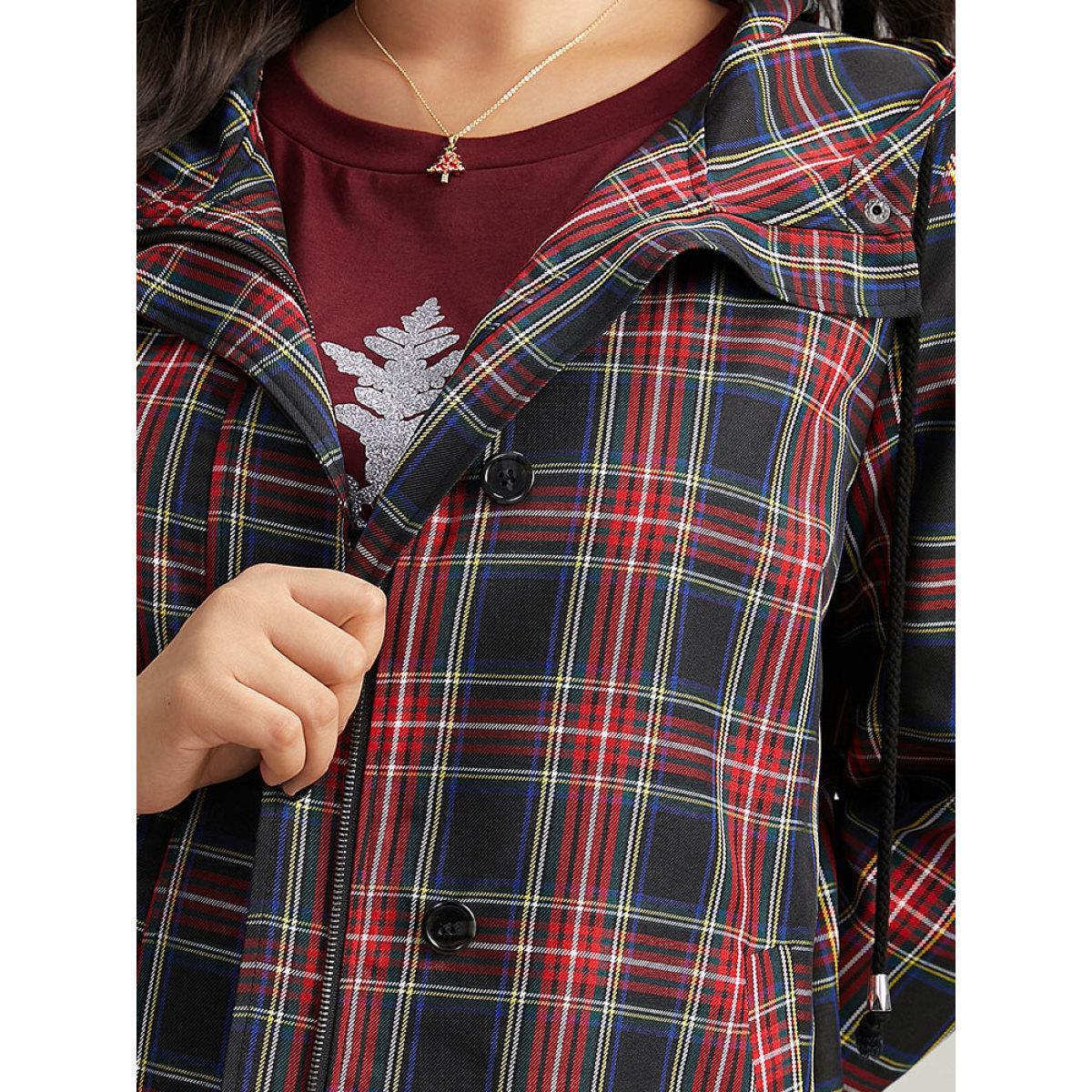 Plus Size Plaid Slant Pocket Hooded Coat Women Multicolor Casual Contrast Ladies Dailywear Winter Coats BloomChic 12/L Product Image
