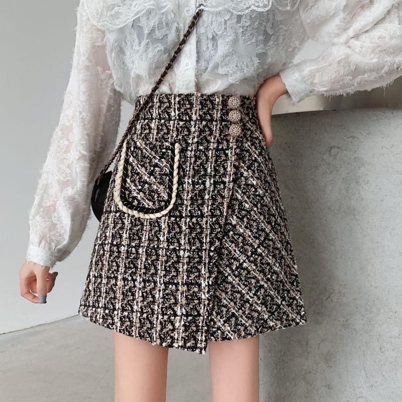 High Rise Plaid Asymmetrical Mini A-Line Skirt Product Image