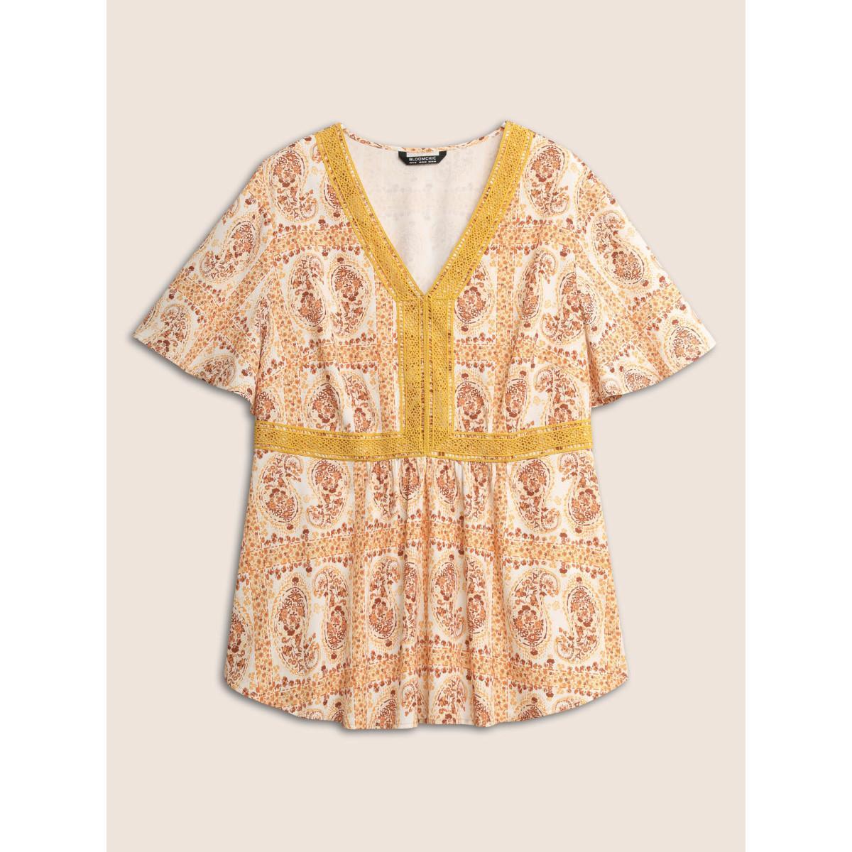 Plus Size Orange Boho Print Lace Trim Gathered Blouse Women Resort Short sleeve V-neck Vacation Blouses BloomChic 22-24/3X Product Image