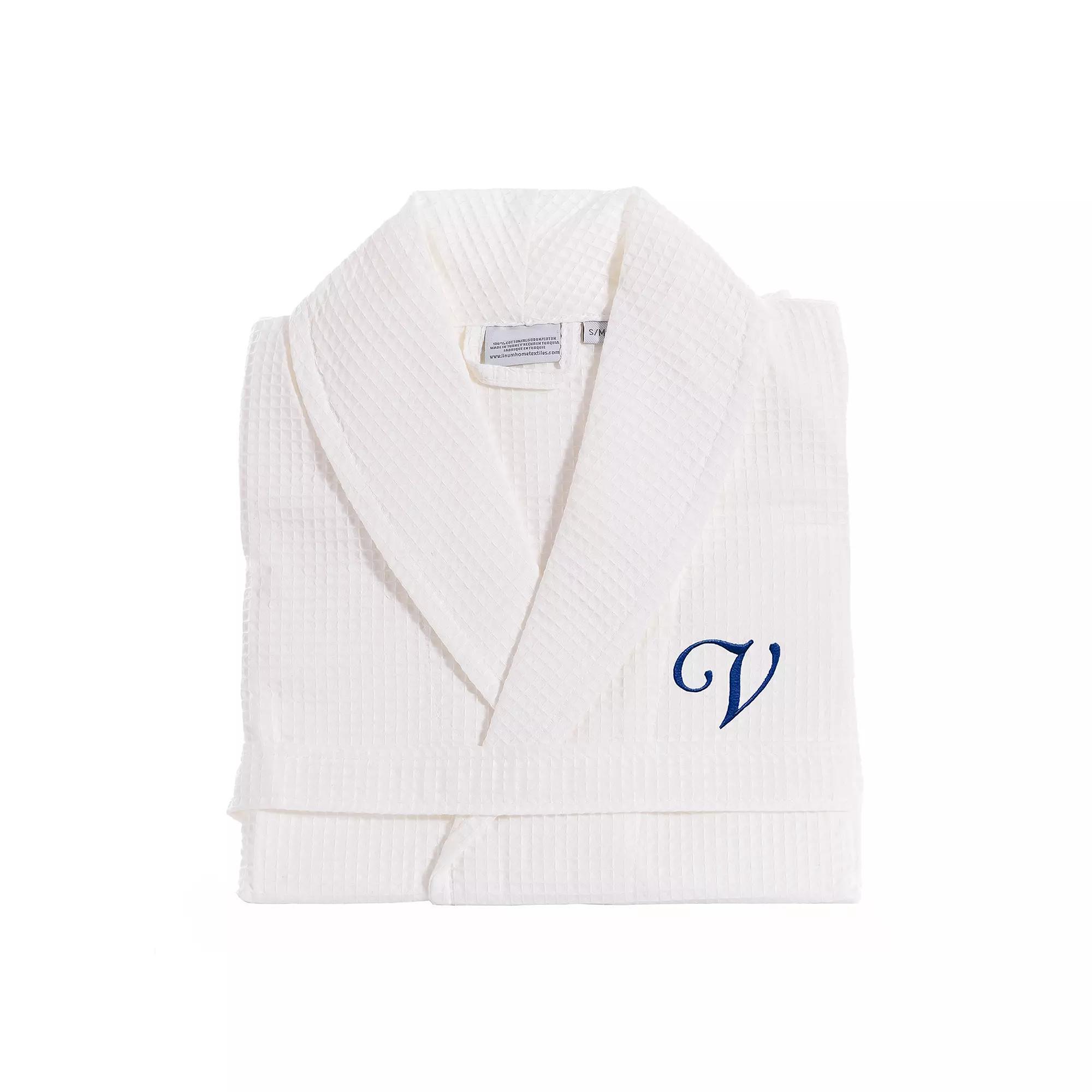 Linum Home Textiles Turkish Cotton Personalized Waffle Weave Bathrobe, Women's, Size: Small/Medium, White Navy D Product Image