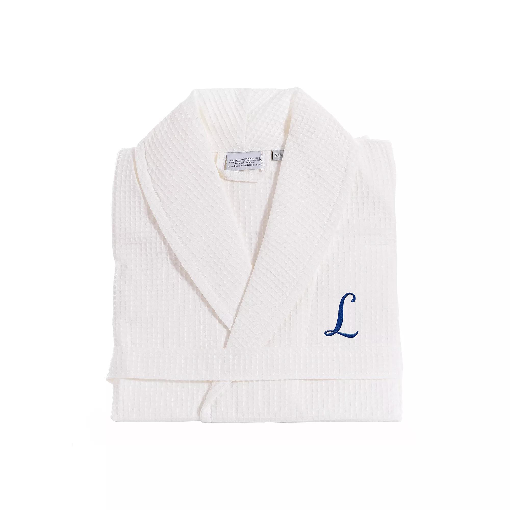 Linum Home Textiles Turkish Cotton Personalized Waffle Weave Bathrobe, Women's, Size: Large/XL, White Gray F Product Image