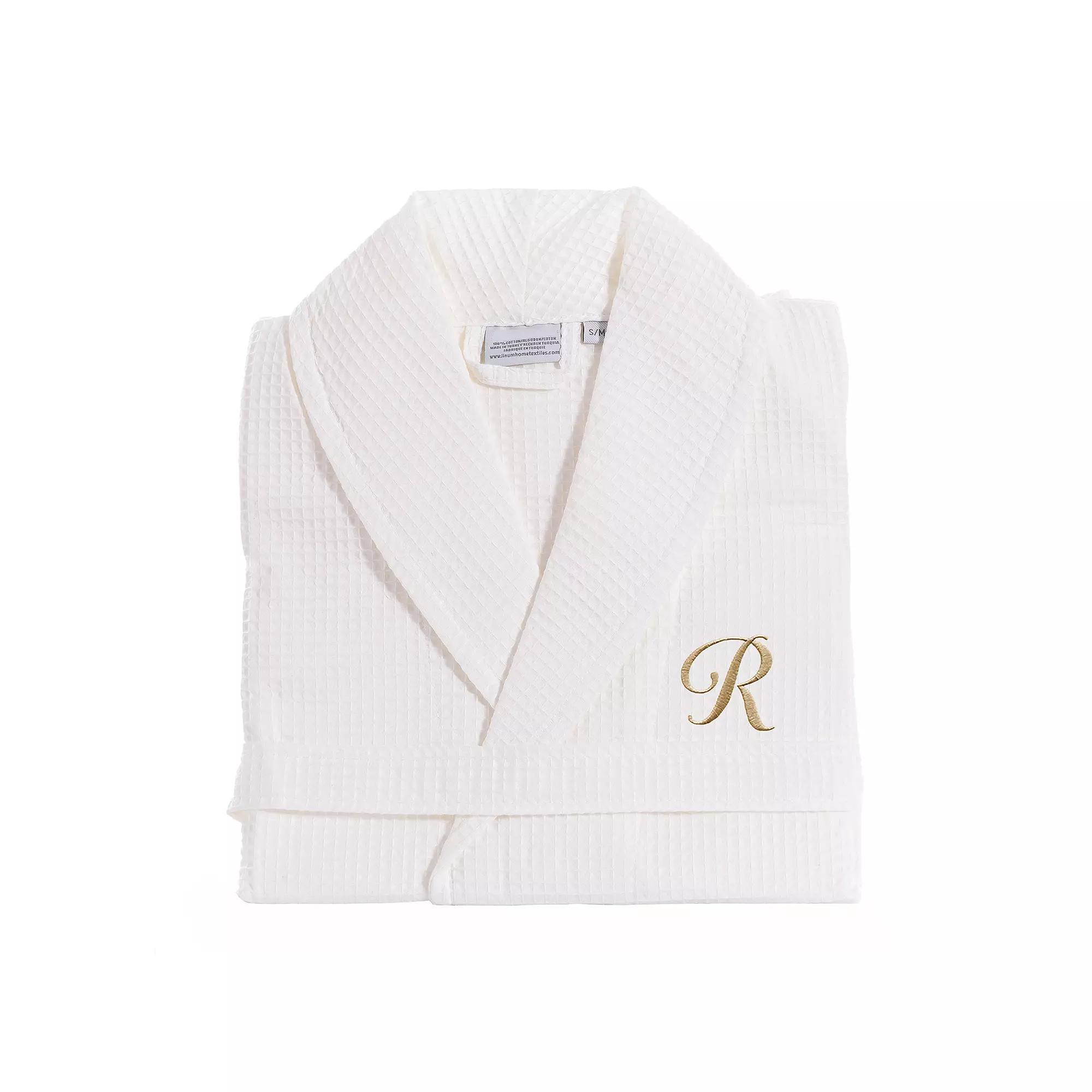 Linum Home Textiles Turkish Cotton Personalized Waffle Weave Bathrobe, Women's, Size: Small/Medium, White Navy D Product Image