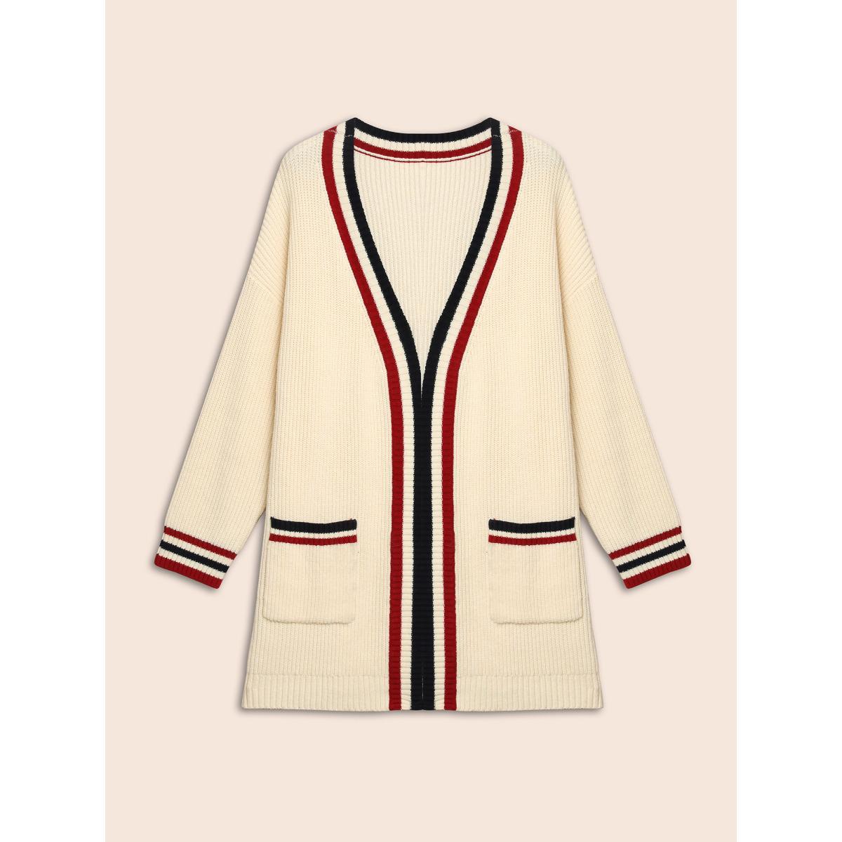 Plus Size Supersoft Essentials Contrast Striped Drop Shoulder Cardigan Beige Women Casual Loose Long Sleeve Everyday Cardigans BloomChic 28/5X Product Image